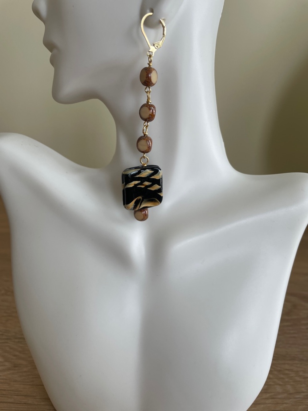HAND CRAFTED ARTISAN LAMPWORK SQUARE GLASS EARRINGS Neutral Earthy Drop Dangles - Picture 5 of 12